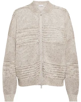 Pearl Grey Linen Paillette Knitted Bomber Jacket