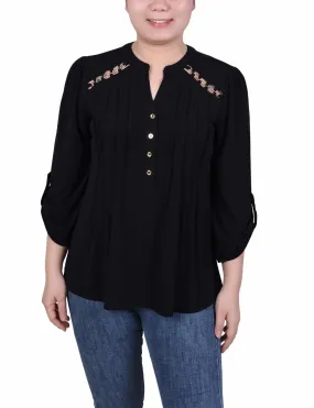 Petite Long Sleeve Pintuck Front Top With Chain Details