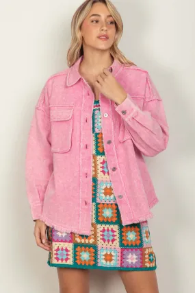 Pink Button Up Raw Hem Long Sleeve Jacket