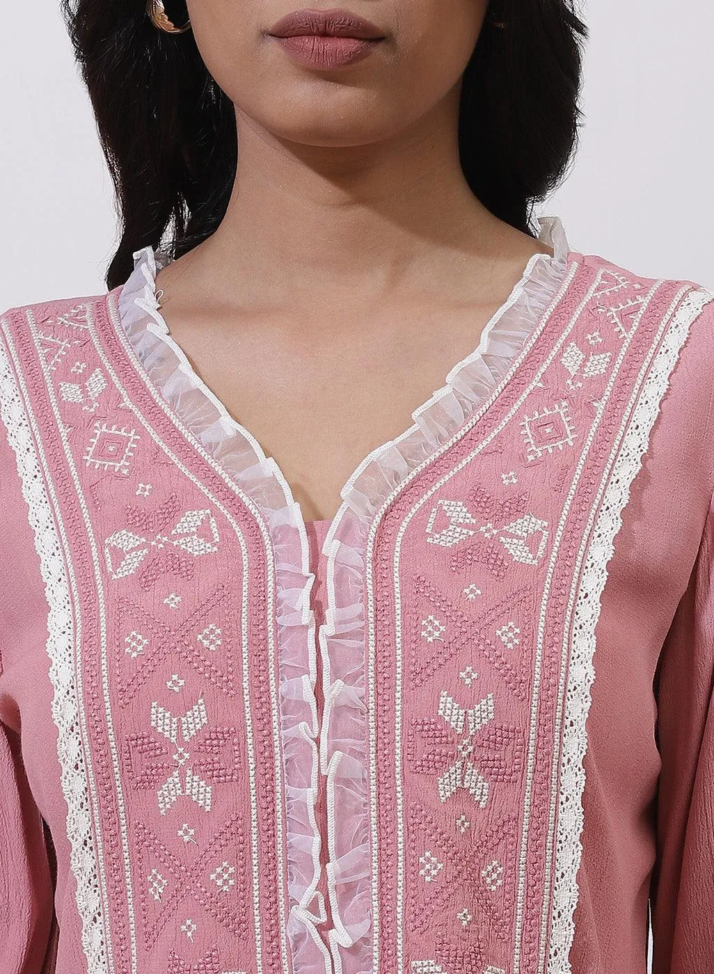 Pink Tunic With Embroidery & Lace