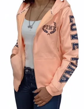 PINK Women Hoodie Jacket - Shoulder Print - Neon Saumon