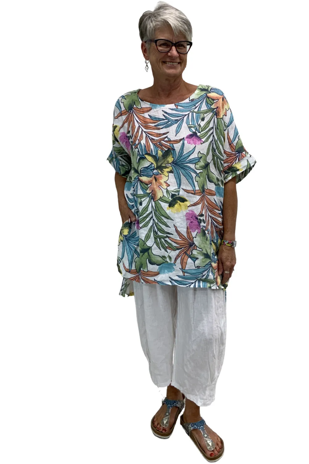 Plum Loco 100% Linen Hawaiian Tunic, White (SS9067)