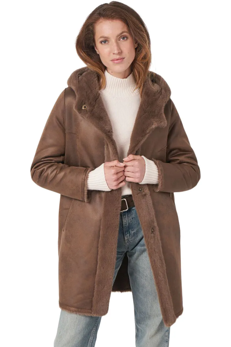 Repeat Cashmere Faux Fur Coat in Coffee