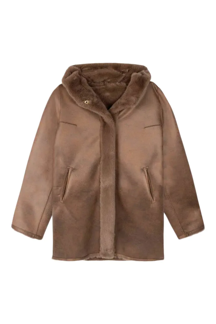 Repeat Cashmere Faux Fur Coat in Coffee