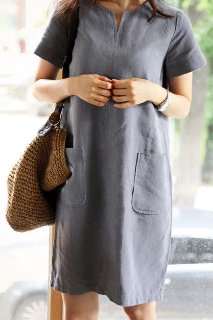 Round neckline linen loose dress J054