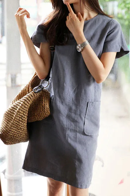 Round neckline linen loose dress J054