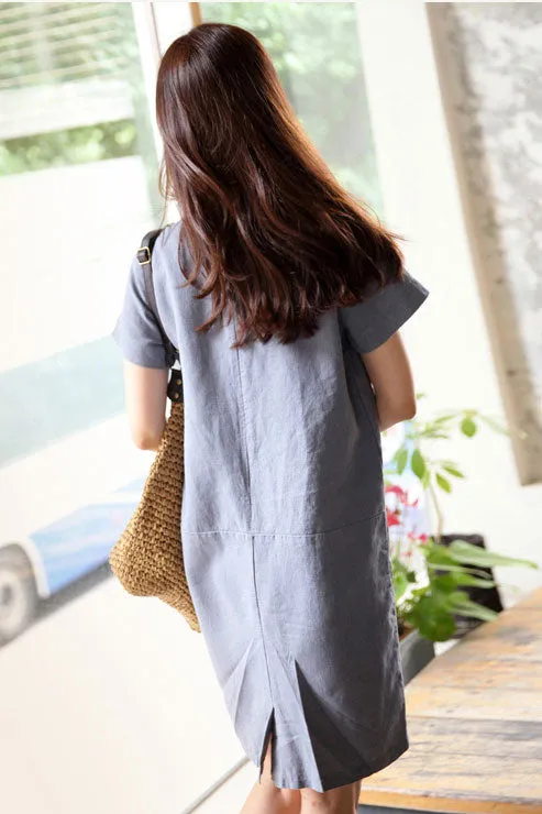 Round neckline linen loose dress J054