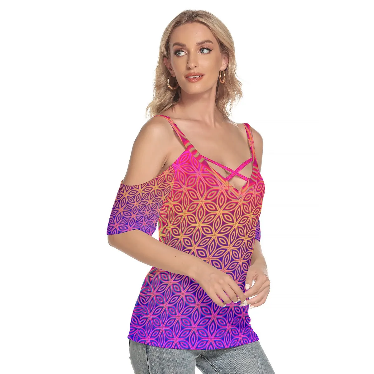 Sacral Bloom Top With Criss Cross Strips