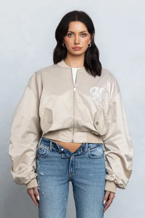 Satin Zipper Bomber Jacket W/ Pu Patch Embroidery Taupe