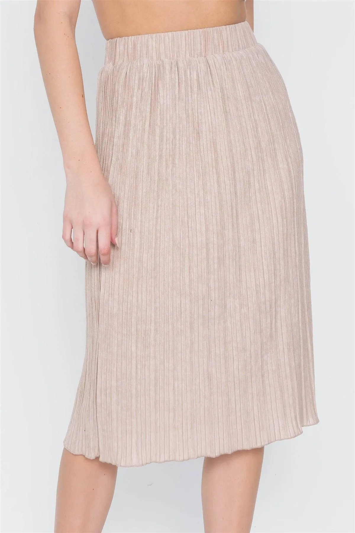 Taupe Knit Pleated High-Waist Midi Skirt /1-2-3