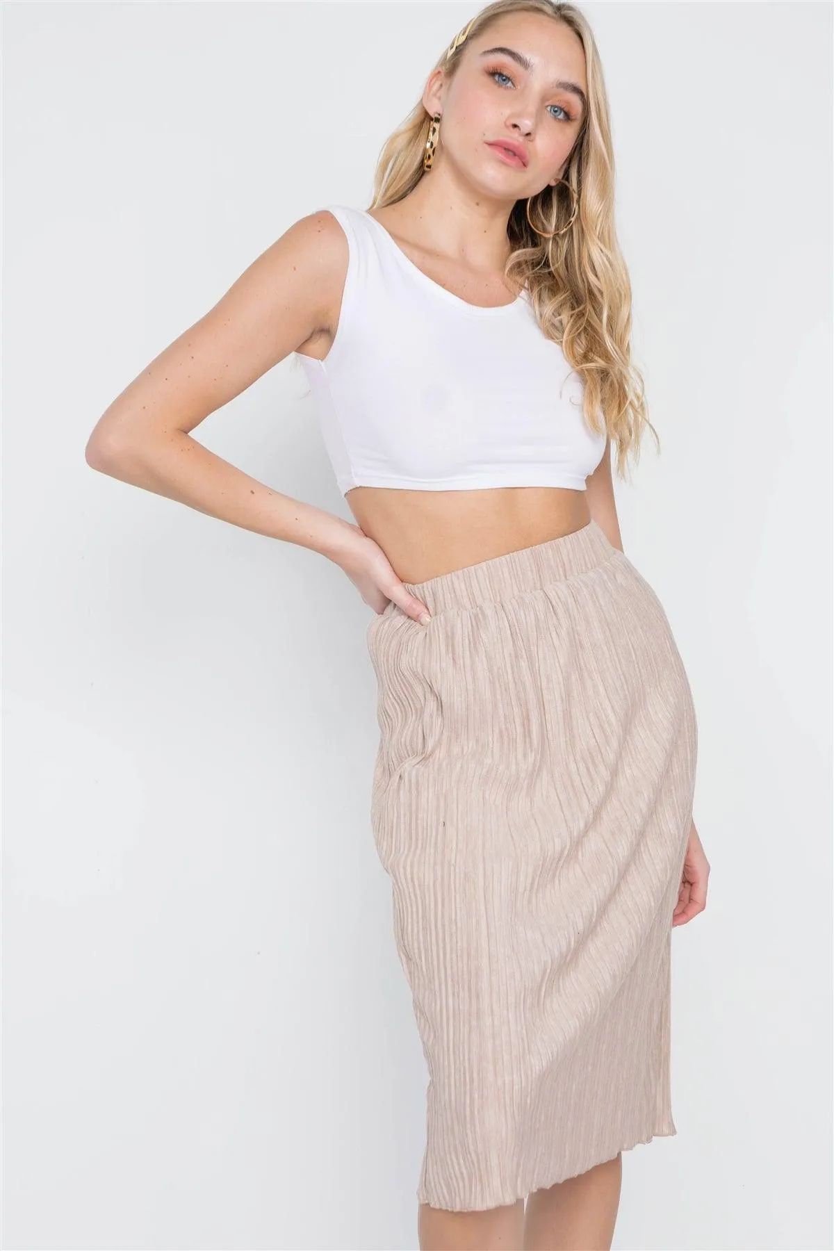 Taupe Knit Pleated High-Waist Midi Skirt /1-2-3