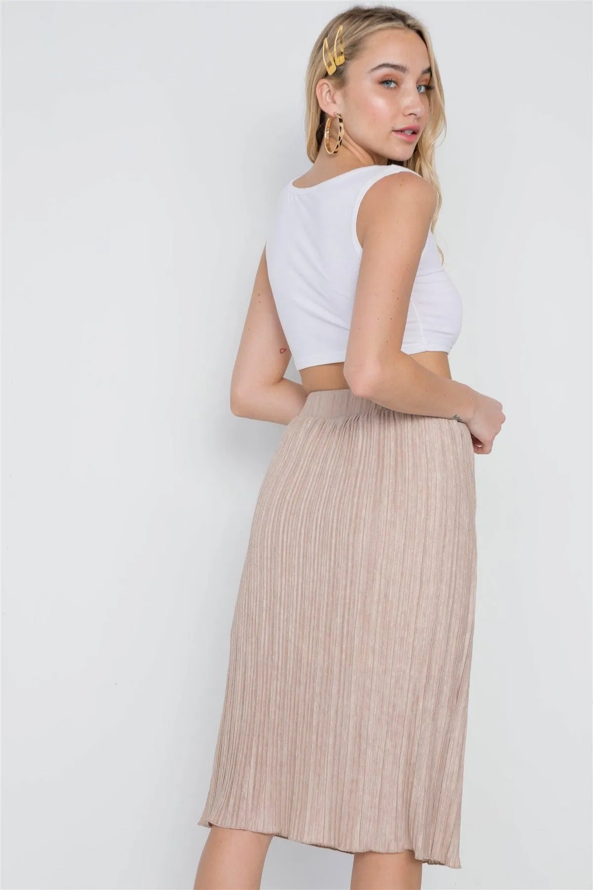 Taupe Knit Pleated High-Waist Midi Skirt /1-2-3