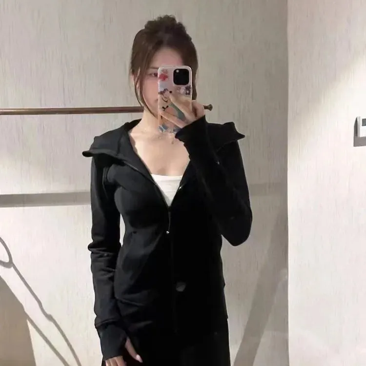 TAVIMART  -  Autumn New Cardigan Coat Women Y2k Slim Fit Black Hooded Sweatshirt Fashion All-match Long Sleeve Zipper Tops Mujer Jacket