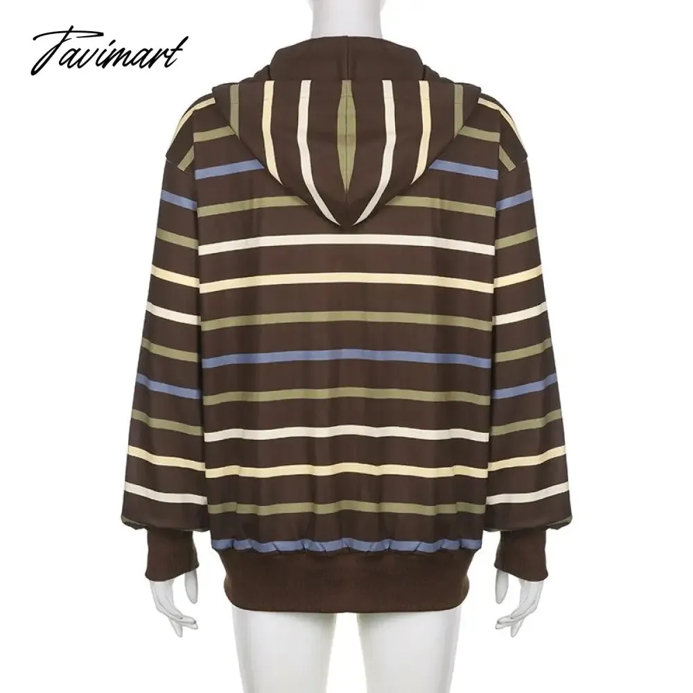 Tavimart Hip Hop Zip Up Hoodie Vintage Striped Loose Hooded Sweatshirt Jacket Harajuku Gothic Long Sleeve Women Sweatshirt Y2k Clothes