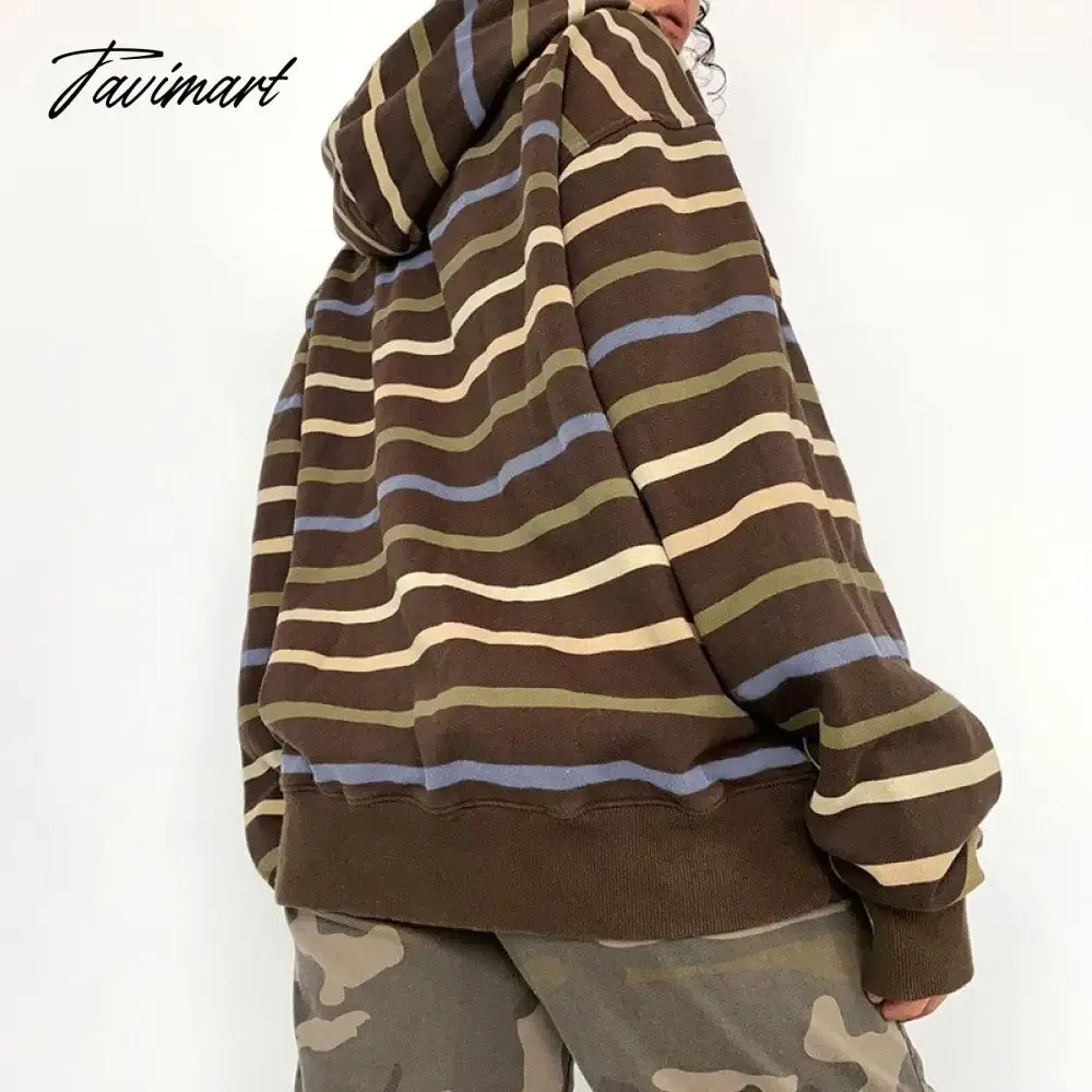 Tavimart Hip Hop Zip Up Hoodie Vintage Striped Loose Hooded Sweatshirt Jacket Harajuku Gothic Long Sleeve Women Sweatshirt Y2k Clothes