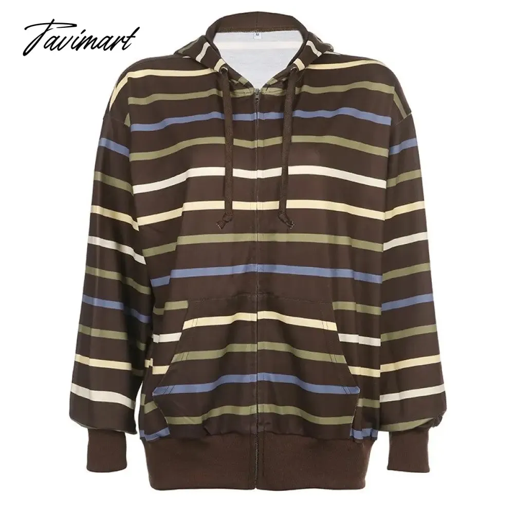 Tavimart Hip Hop Zip Up Hoodie Vintage Striped Loose Hooded Sweatshirt Jacket Harajuku Gothic Long Sleeve Women Sweatshirt Y2k Clothes