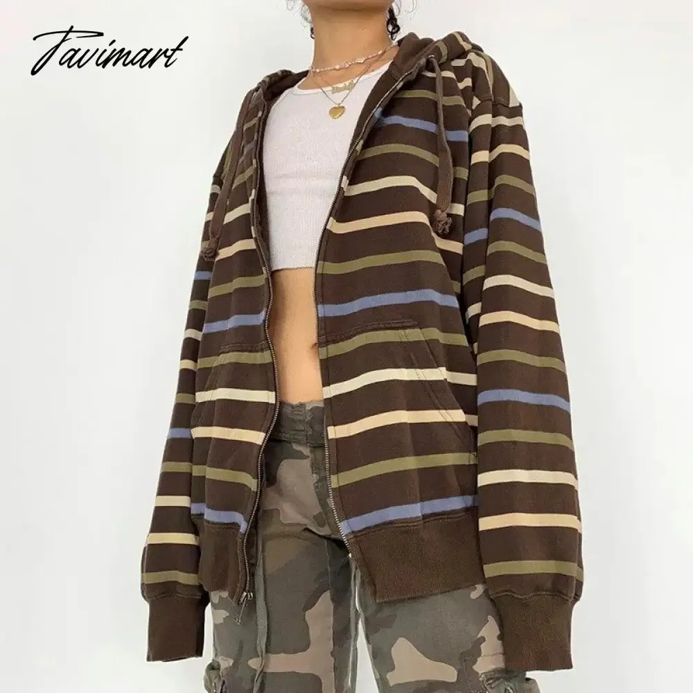 Tavimart Hip Hop Zip Up Hoodie Vintage Striped Loose Hooded Sweatshirt Jacket Harajuku Gothic Long Sleeve Women Sweatshirt Y2k Clothes