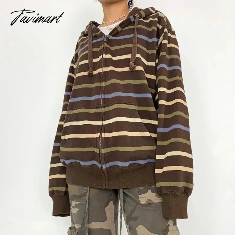 Tavimart Hip Hop Zip Up Hoodie Vintage Striped Loose Hooded Sweatshirt Jacket Harajuku Gothic Long Sleeve Women Sweatshirt Y2k Clothes