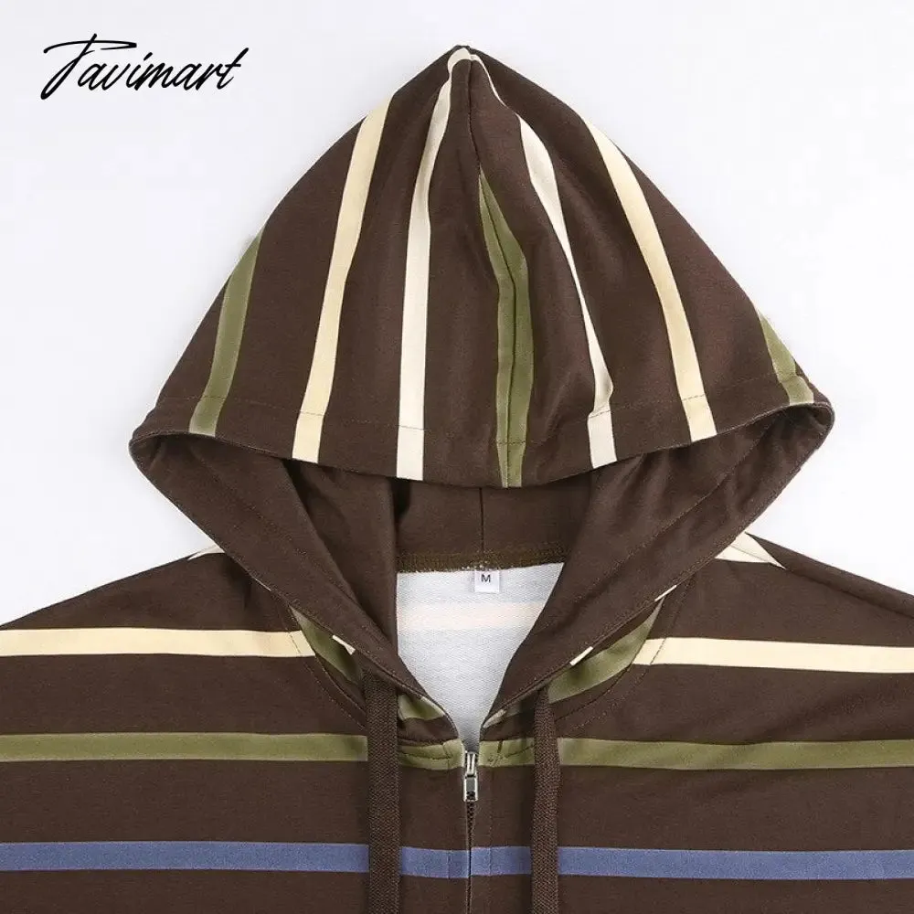 Tavimart Hip Hop Zip Up Hoodie Vintage Striped Loose Hooded Sweatshirt Jacket Harajuku Gothic Long Sleeve Women Sweatshirt Y2k Clothes