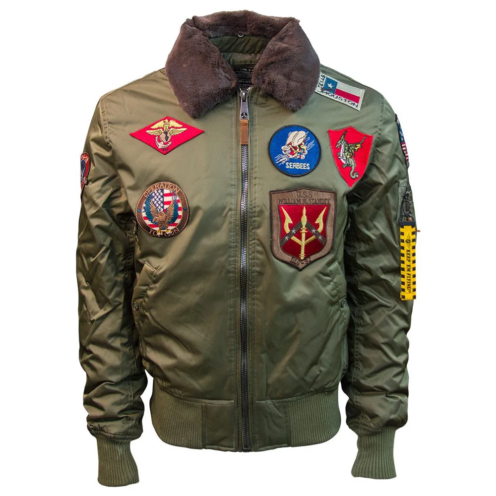 Top Gun Official B 15 Mens Flight Bomber Jacket with Patches Olive