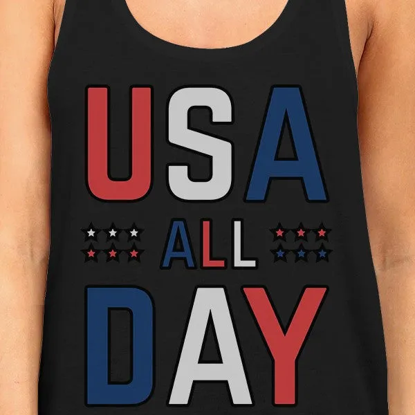 USA All Day Womens Black Sleeveless Tee Cute Design Workout Tanks