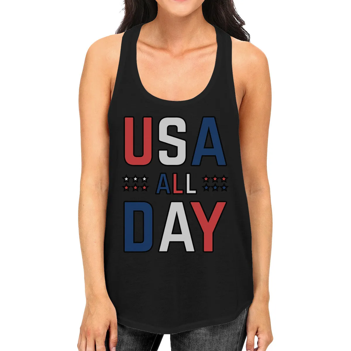 USA All Day Womens Black Sleeveless Tee Cute Design Workout Tanks