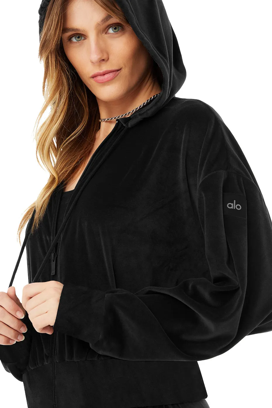 Velour Glimmer Full Zip Hoodie - Black