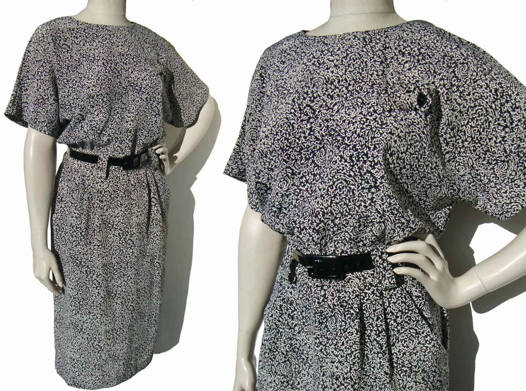 Vintage 80s Dress Black & White Modernist Print M