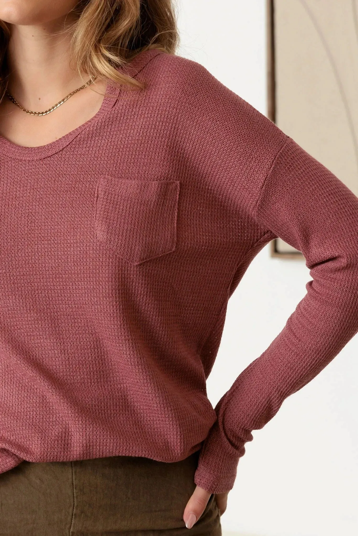 Waffle Knit Front Single Pocket Long Sleeve Top