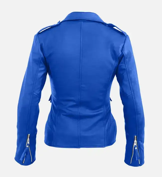 Women Blue Biker Leather Jacket