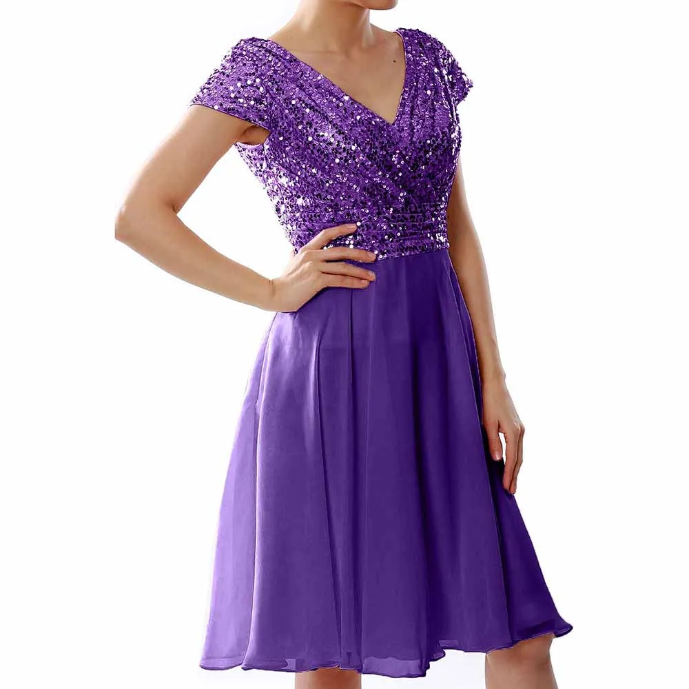 Women Bridesmaid Dress Midi Mother of Bride Dresses Sequin Cap Sleeves Wedding Party Dress