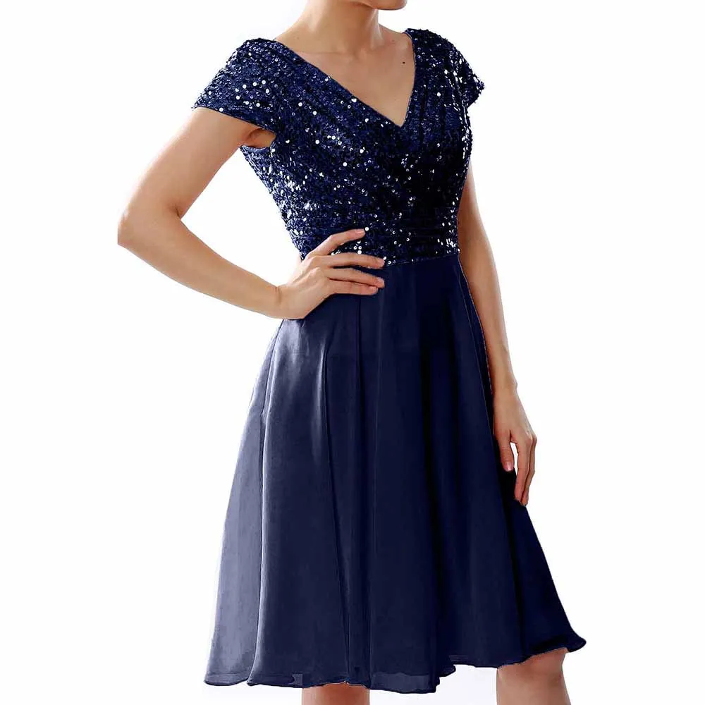 Women Bridesmaid Dress Midi Mother of Bride Dresses Sequin Cap Sleeves Wedding Party Dress