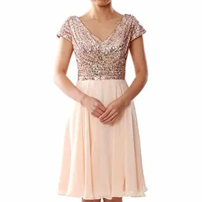 Women Bridesmaid Dress Midi Mother of Bride Dresses Sequin Cap Sleeves Wedding Party Dress