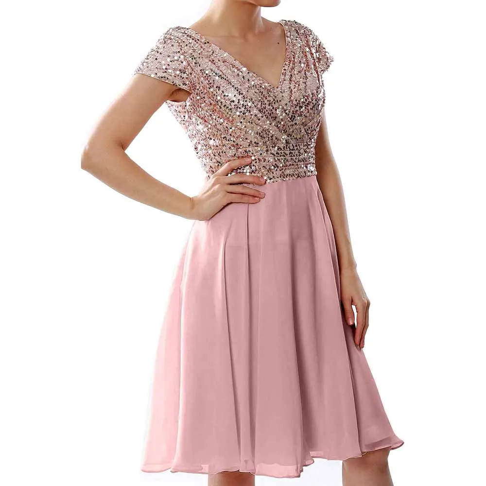 Women Bridesmaid Dress Midi Mother of Bride Dresses Sequin Cap Sleeves Wedding Party Dress