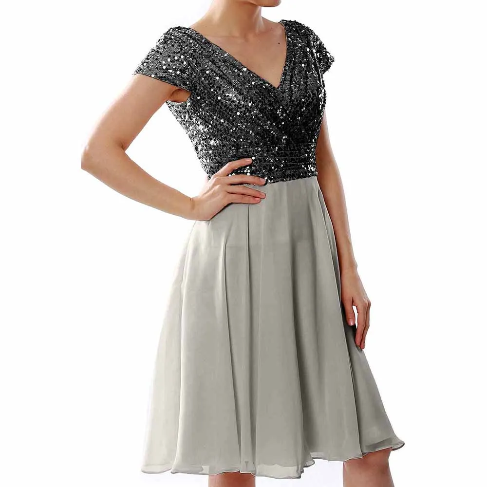 Women Bridesmaid Dress Midi Mother of Bride Dresses Sequin Cap Sleeves Wedding Party Dress