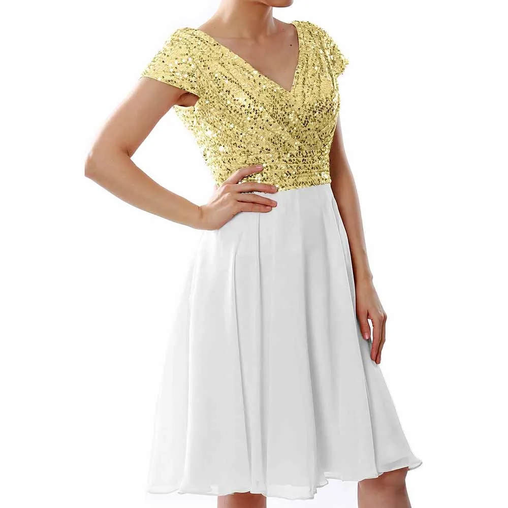 Women Bridesmaid Dress Midi Mother of Bride Dresses Sequin Cap Sleeves Wedding Party Dress