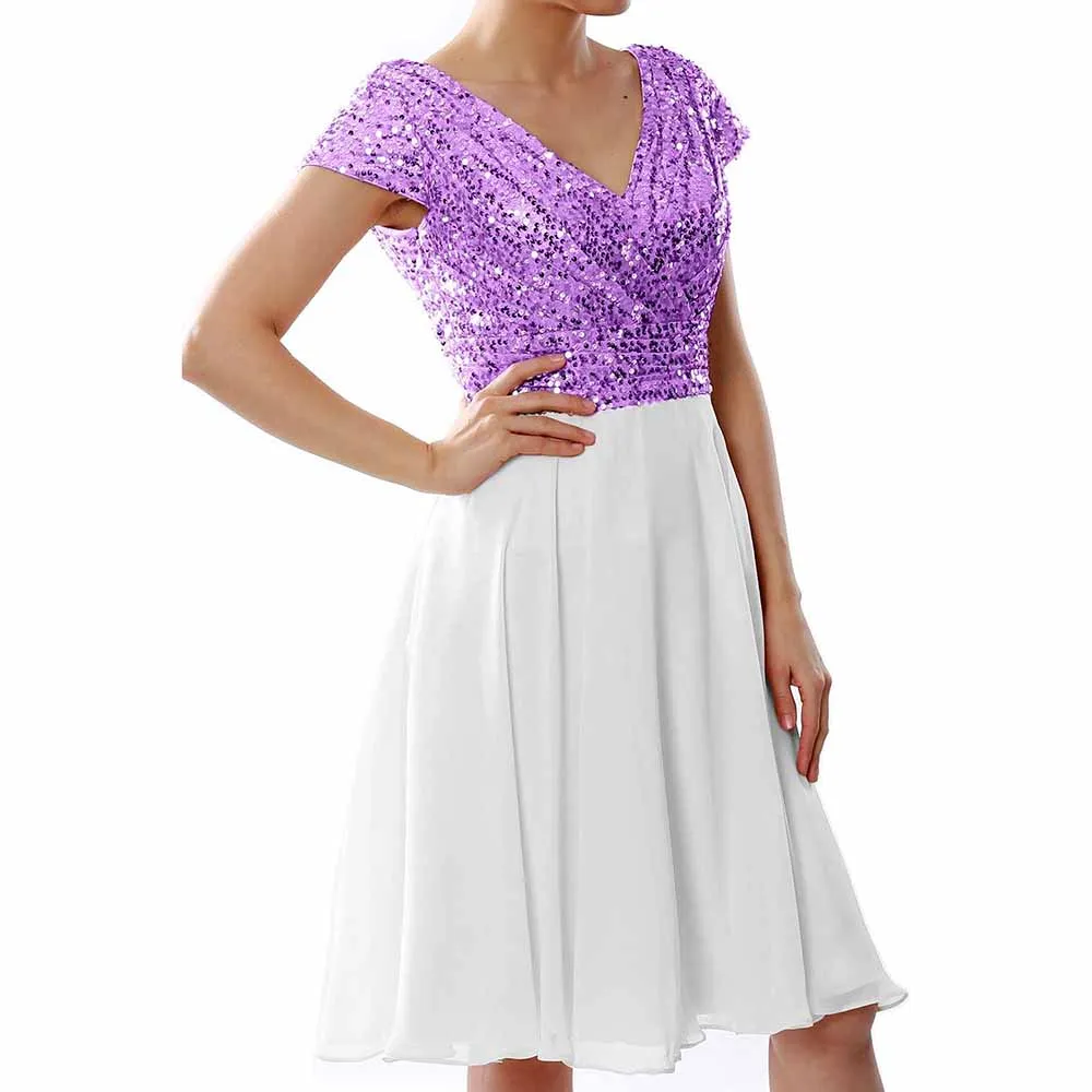 Women Bridesmaid Dress Midi Mother of Bride Dresses Sequin Cap Sleeves Wedding Party Dress