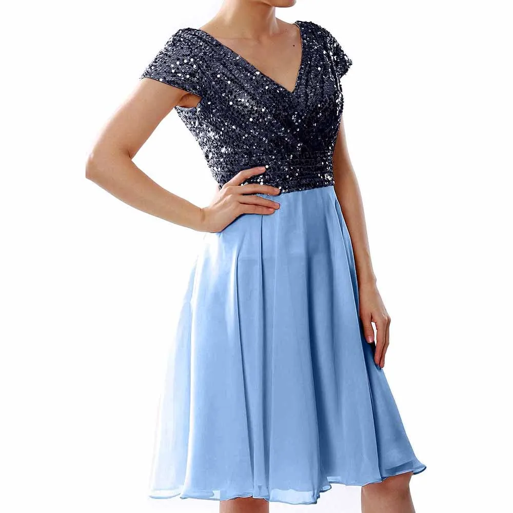 Women Bridesmaid Dress Midi Mother of Bride Dresses Sequin Cap Sleeves Wedding Party Dress