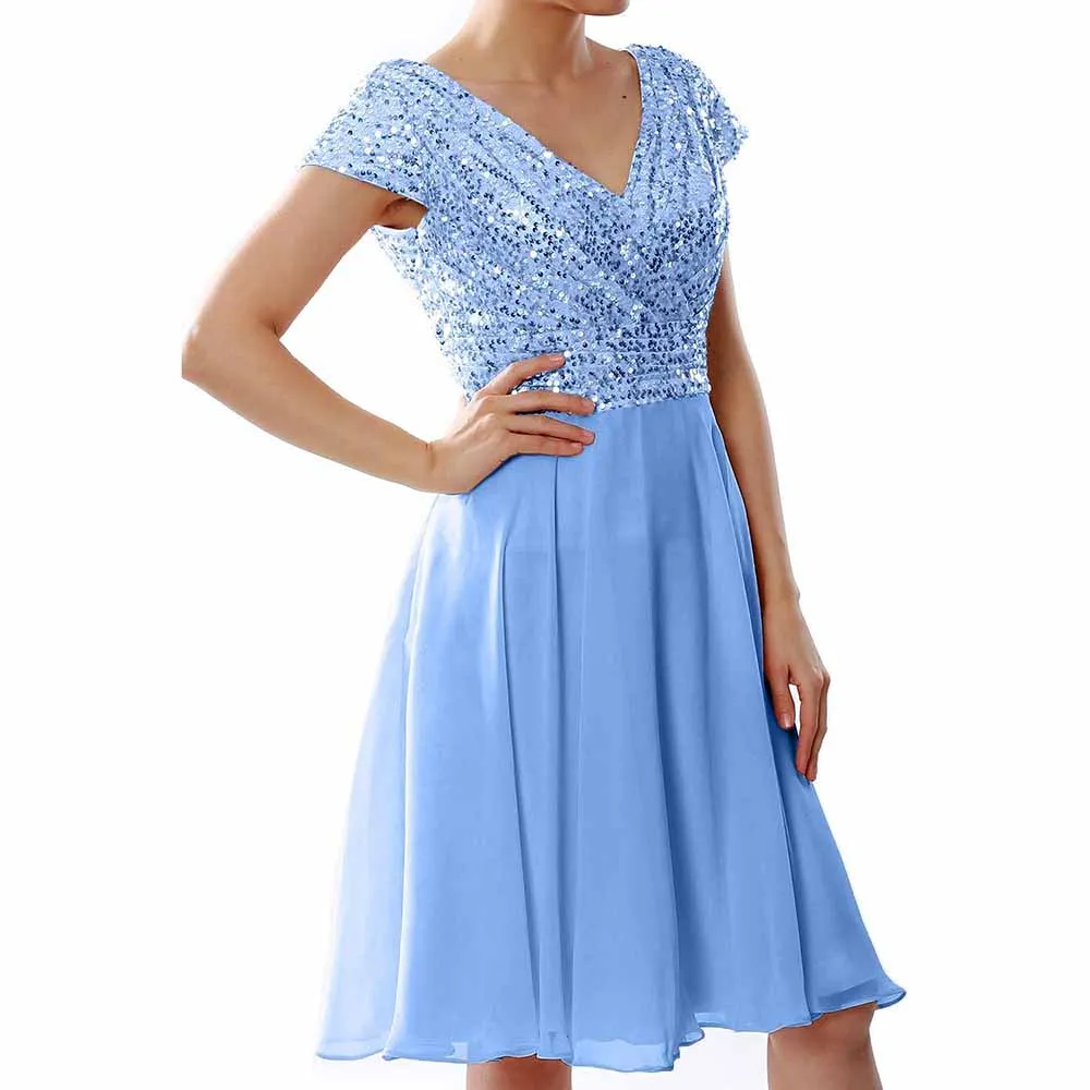 Women Bridesmaid Dress Midi Mother of Bride Dresses Sequin Cap Sleeves Wedding Party Dress