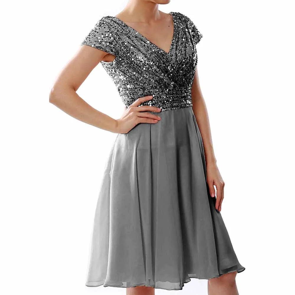 Women Bridesmaid Dress Midi Mother of Bride Dresses Sequin Cap Sleeves Wedding Party Dress