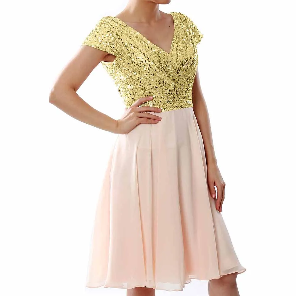 Women Bridesmaid Dress Midi Mother of Bride Dresses Sequin Cap Sleeves Wedding Party Dress