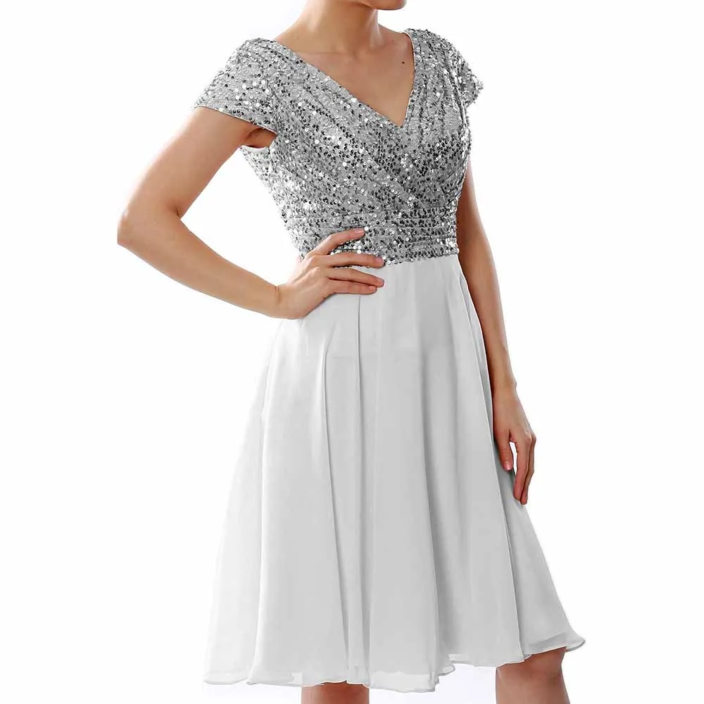 Women Bridesmaid Dress Midi Mother of Bride Dresses Sequin Cap Sleeves Wedding Party Dress