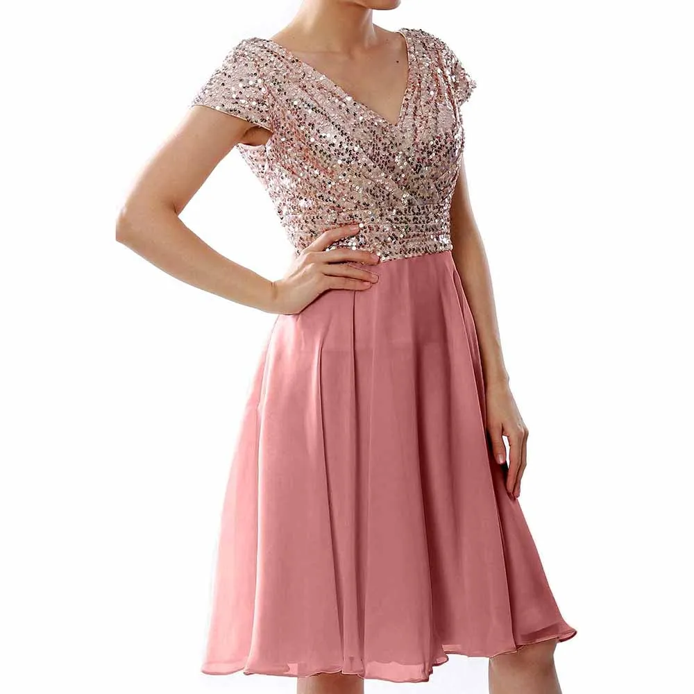 Women Bridesmaid Dress Midi Mother of Bride Dresses Sequin Cap Sleeves Wedding Party Dress