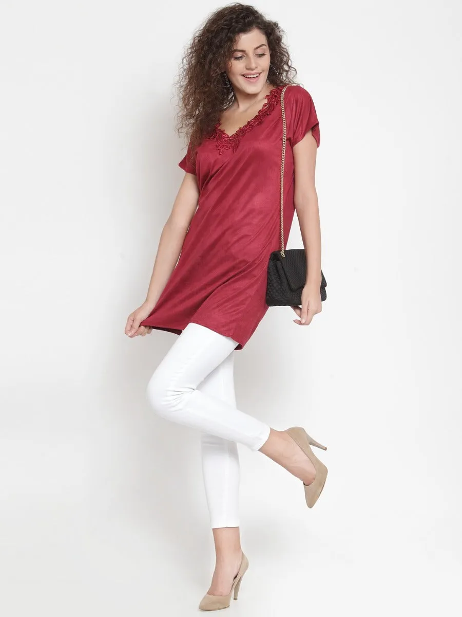 Women Solid Maroon V-Neck Tunic