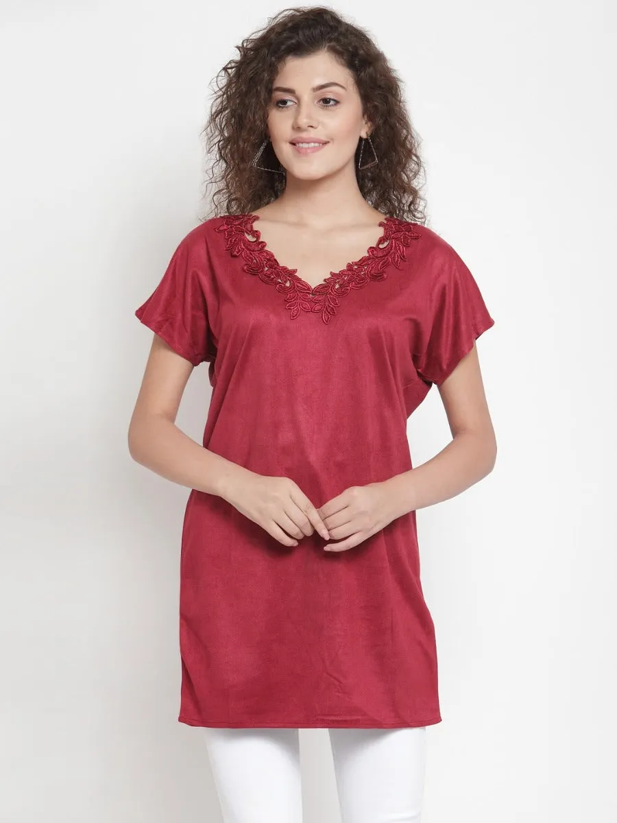 Women Solid Maroon V-Neck Tunic