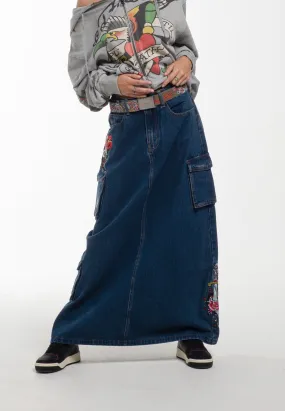 Womens Killer Rose Denim Midi Skirt - Blue