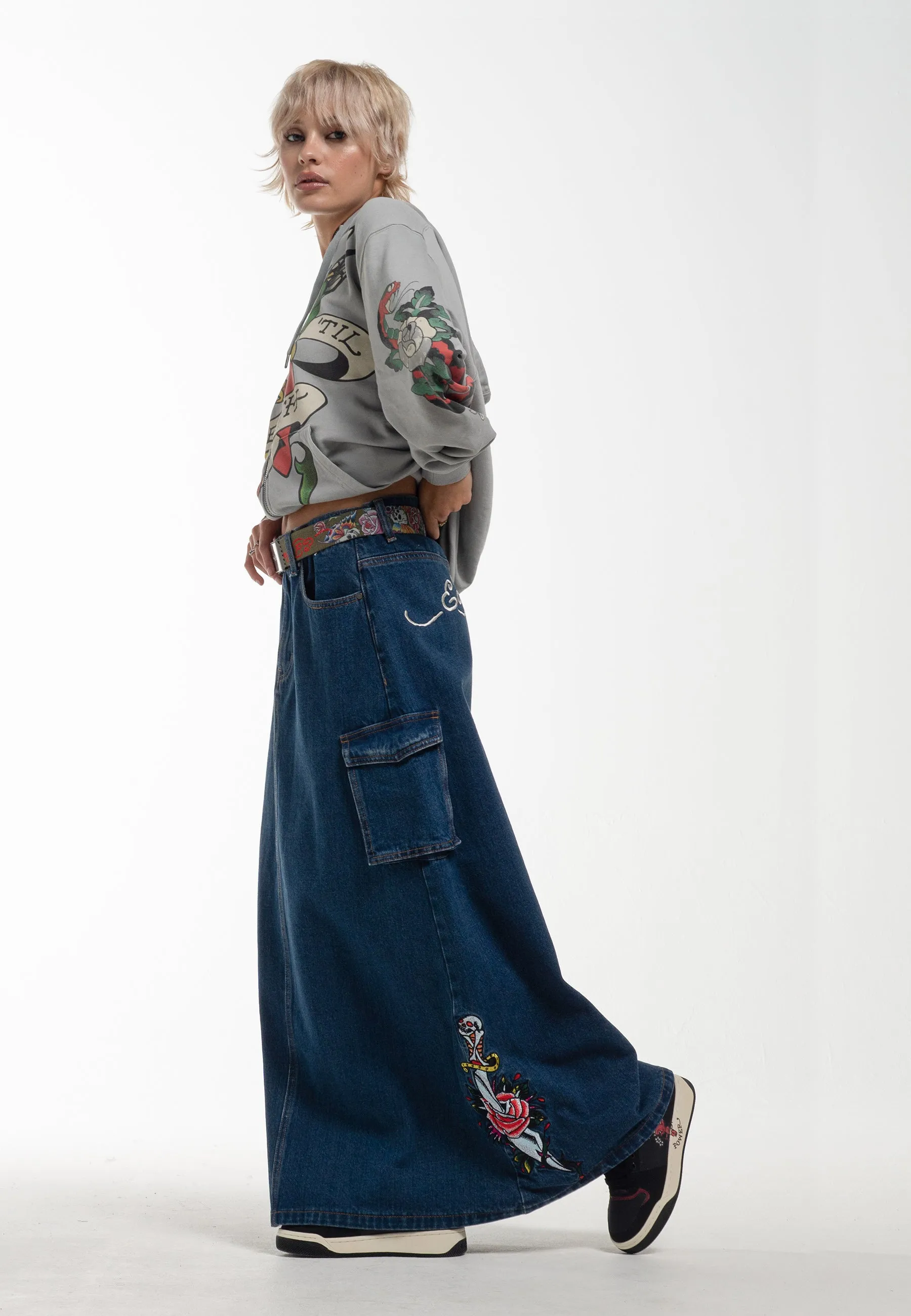 Womens Killer Rose Denim Midi Skirt - Blue