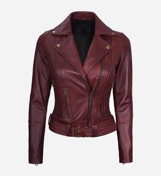 Women's Maroon Leather Asymmetrical Motorcycle Jacket