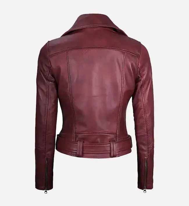 Women's Maroon Leather Asymmetrical Motorcycle Jacket