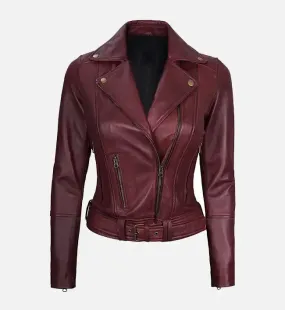 Women's Maroon Leather Asymmetrical Motorcycle Jacket